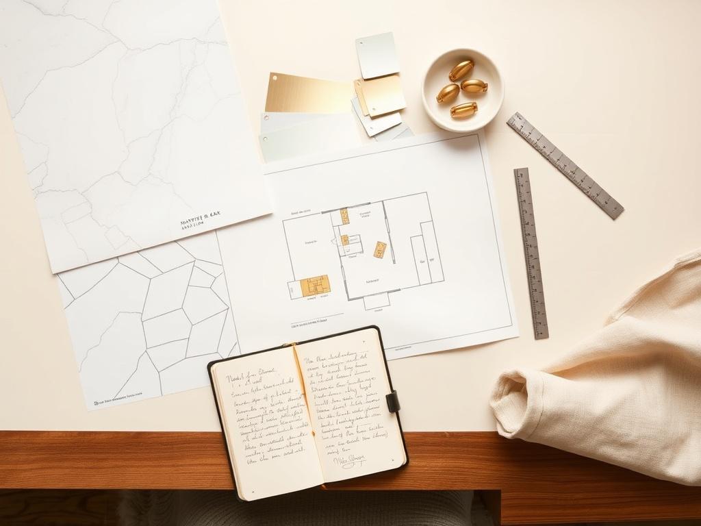 Reachbay atelier table with material samples, brass hardware swatches and a hand-drafted floor plan