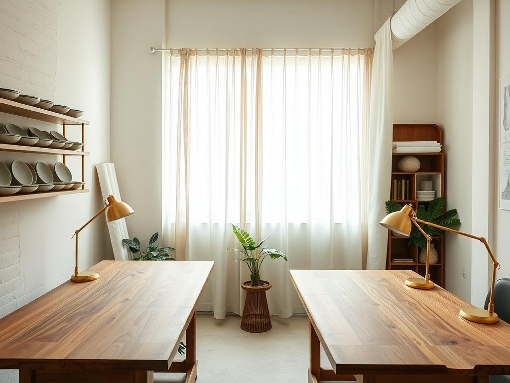 Reachbay Damansara studio with timber drafting tables and shelves of material samples