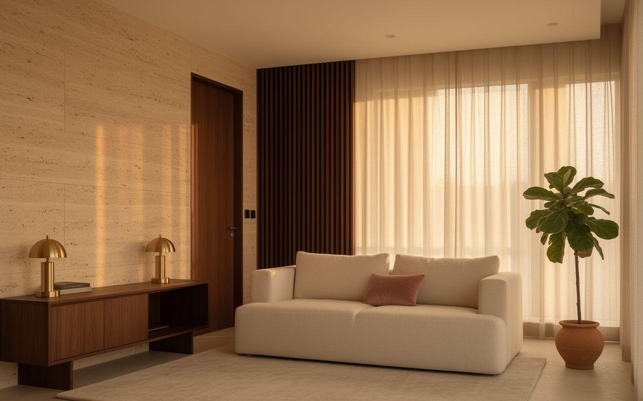 Light-filled Kuala Lumpur living room with travertine plaster walls, brushed brass detailing and a low walnut console table