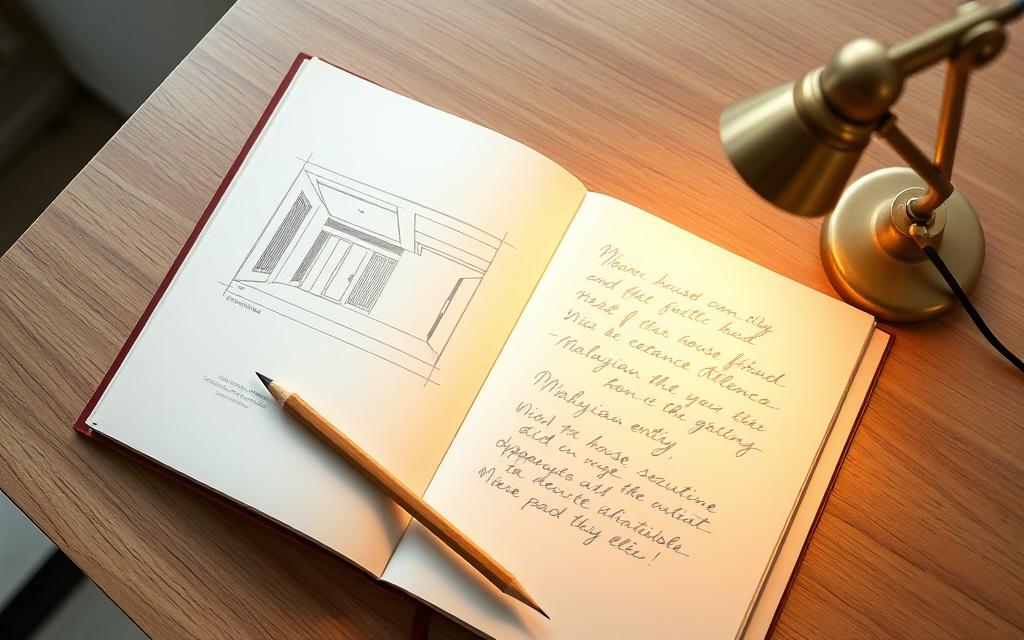 An interior architect&rsquo;s notebook open on a studio table with sketches of an entry sequence