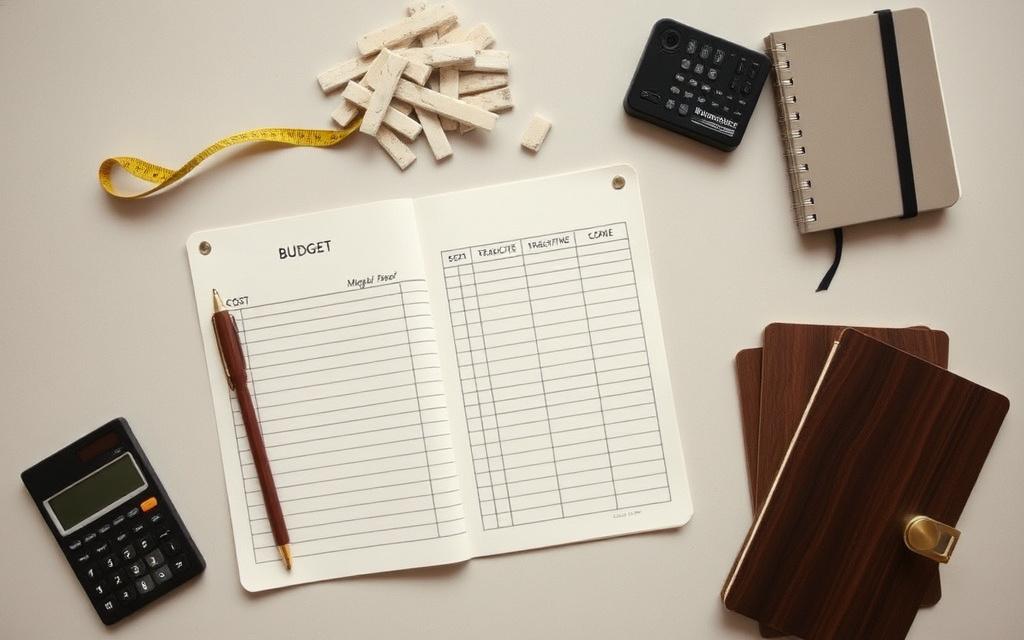 A flat-lay of brass hardware, stone samples and a hand-drafted cost ledger