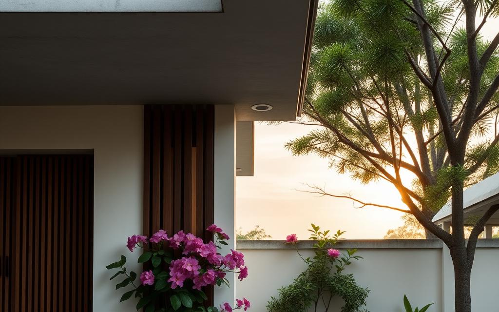 A tropicalised house detail with deep eaves and timber screens against the Malaysian sky