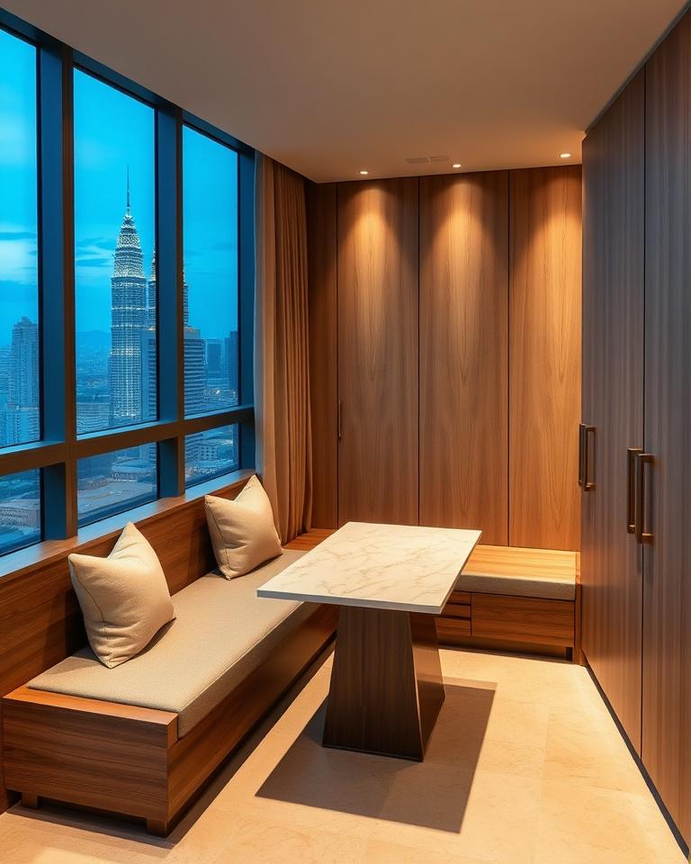 A compact KLCC pied-a-terre with built-in dining banquette and warm lacquered joinery