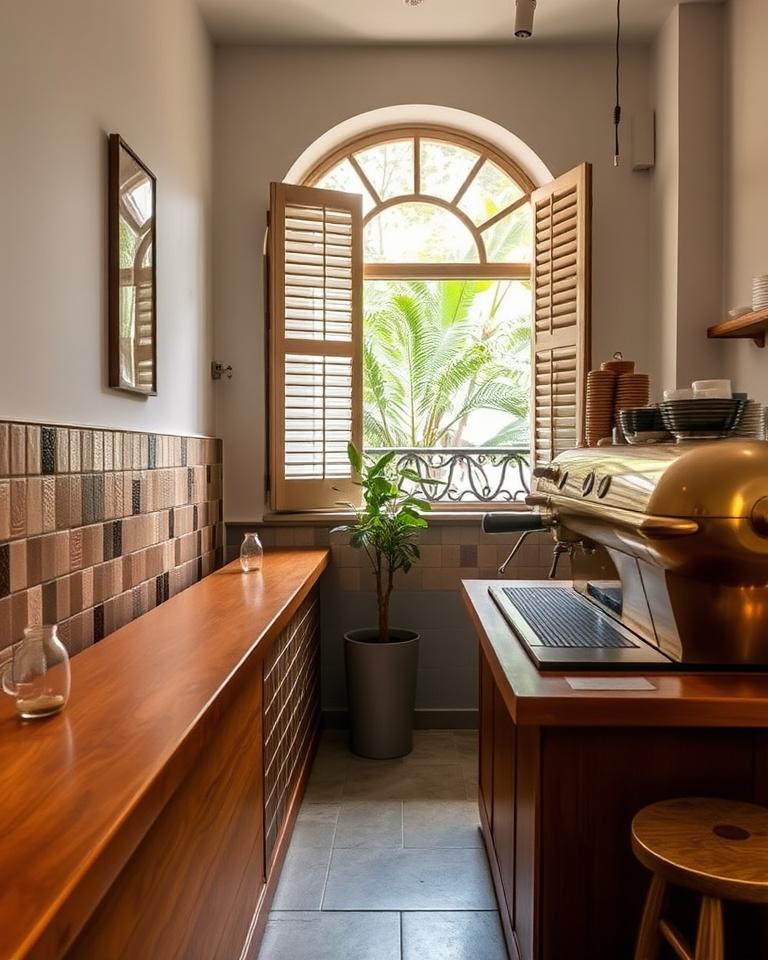 A Penang coffee room with handmade tiles and a warm bench of teak