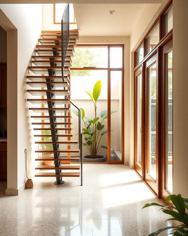 SS2 1970s house renovation showing an open spine staircase and a tropical courtyard