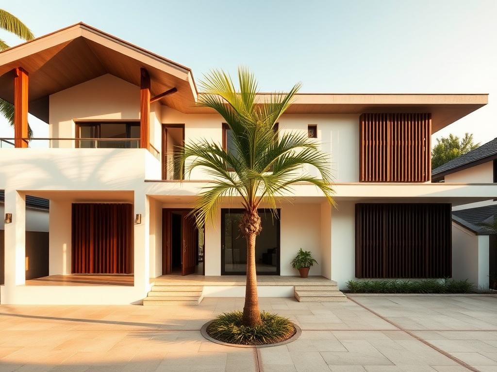 Contemporary tropical bungalow with a deep verandah, timber screen wall and a reflecting pool in the entry court