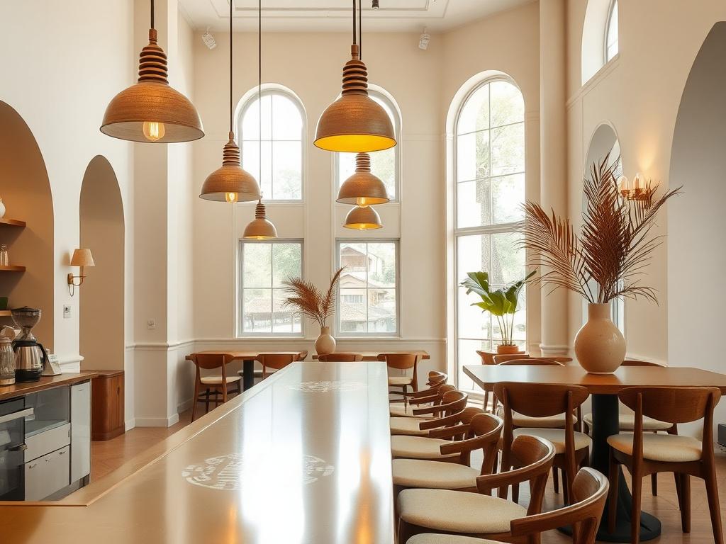 Boutique cafe interior with brushed brass coffee counter, lime-plaster walls and warm pendant lighting