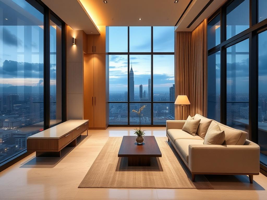 A KLCC condo living room with floor-to-ceiling glazing, a low travertine bench and a wall of warm white-oak joinery