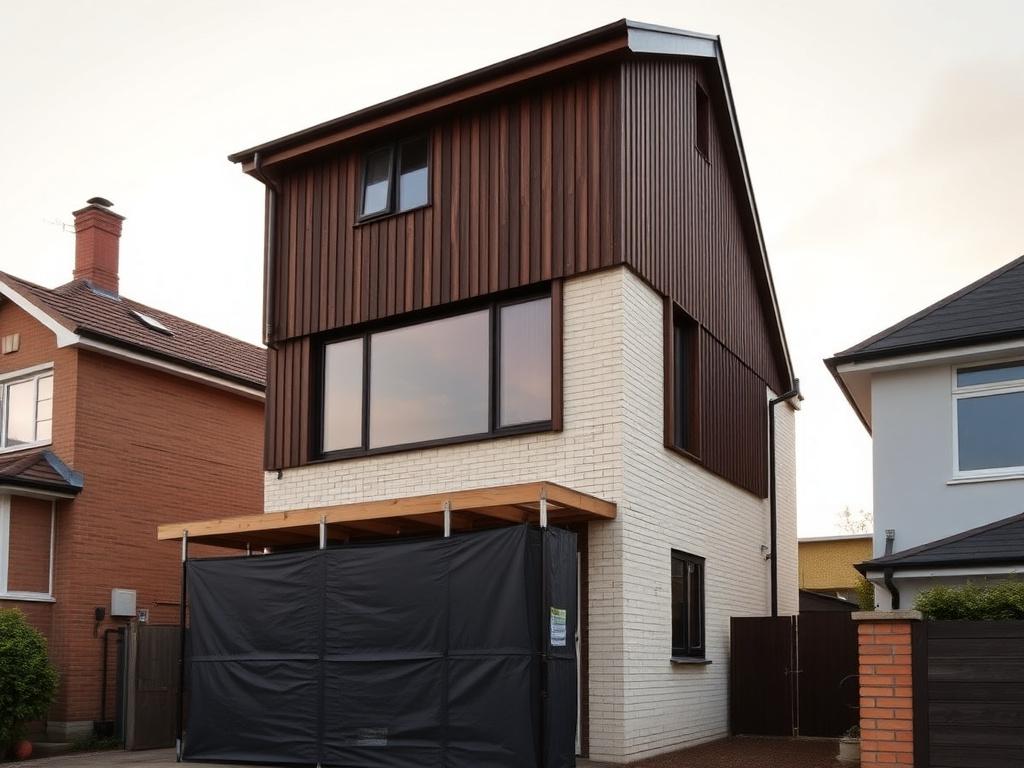 A house being extended with a second-storey timber-clad volume rising above the original brick base