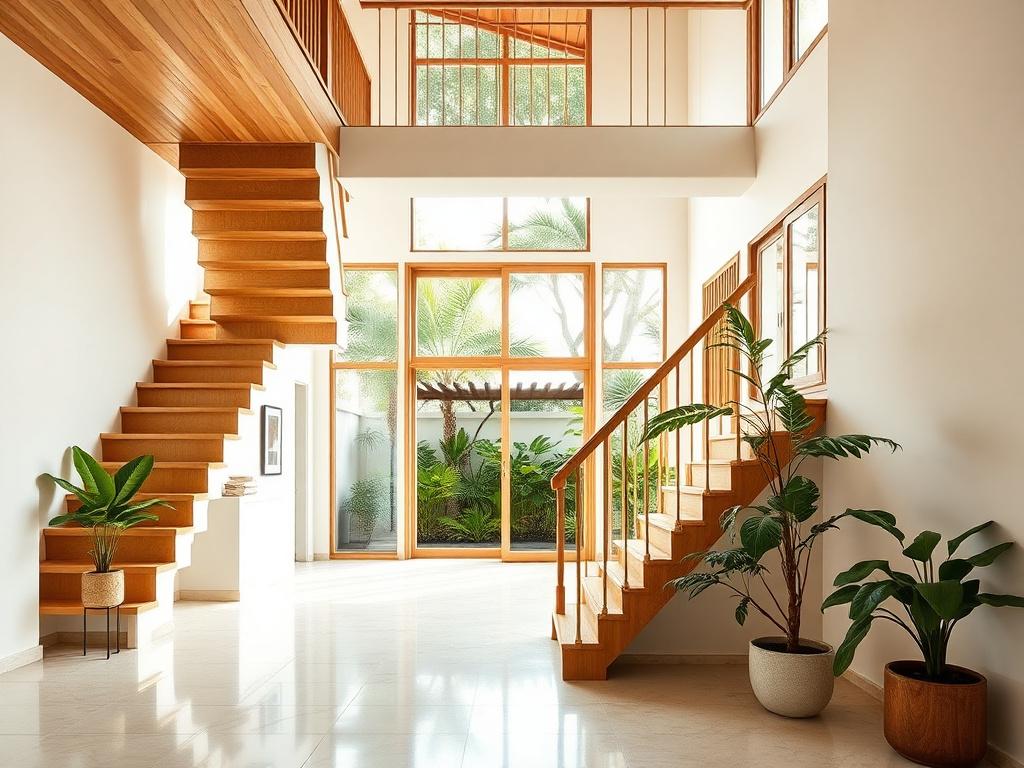 Renovated semi-detached interior showing an opened double-volume staircase and warm white-oak joinery